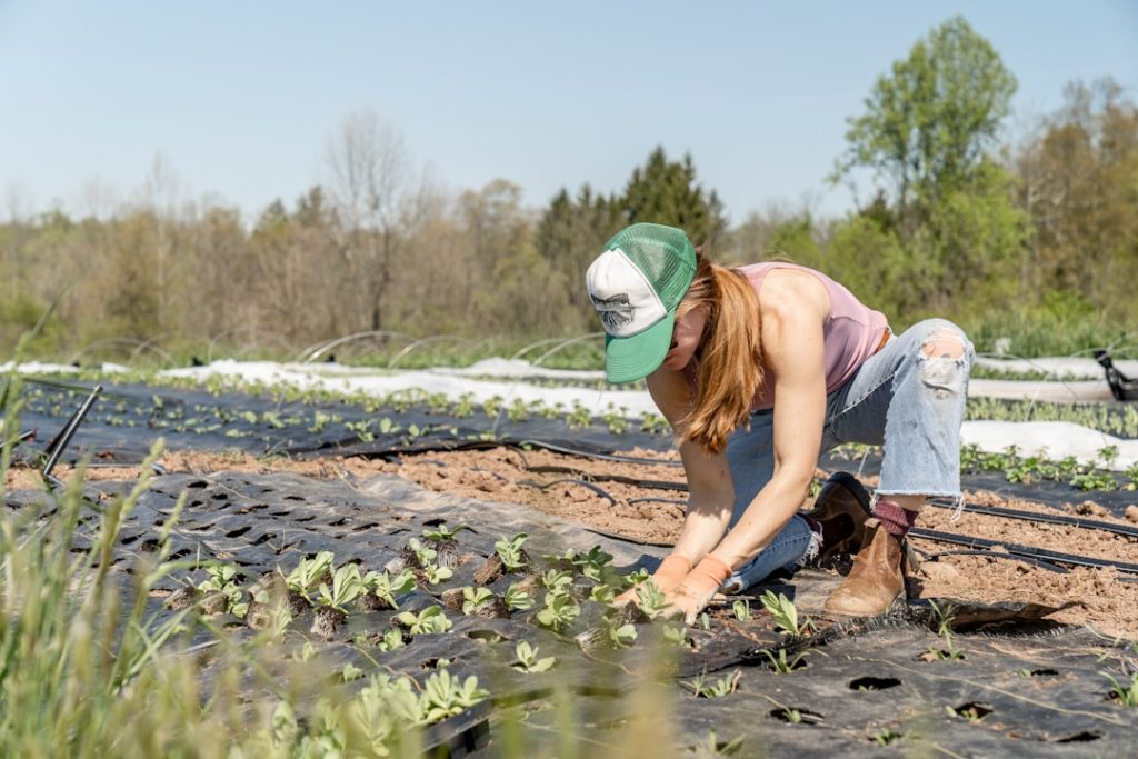 Landbouwmedewerker werkt buiten op het land