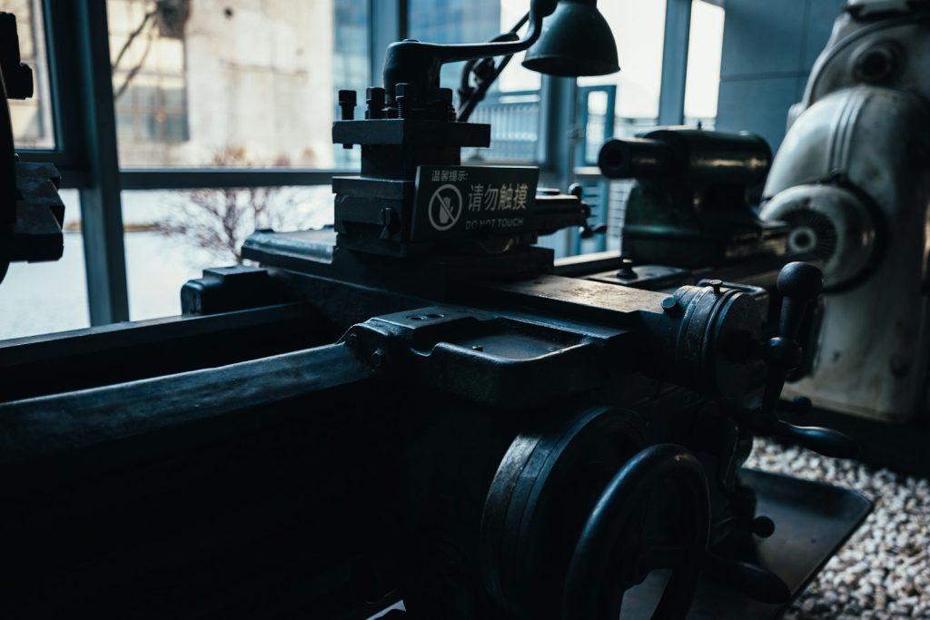 Close-up of a metal lathe in a workshop