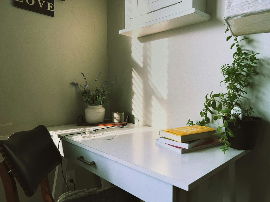 Bright workspace by the window with a small desk and plants