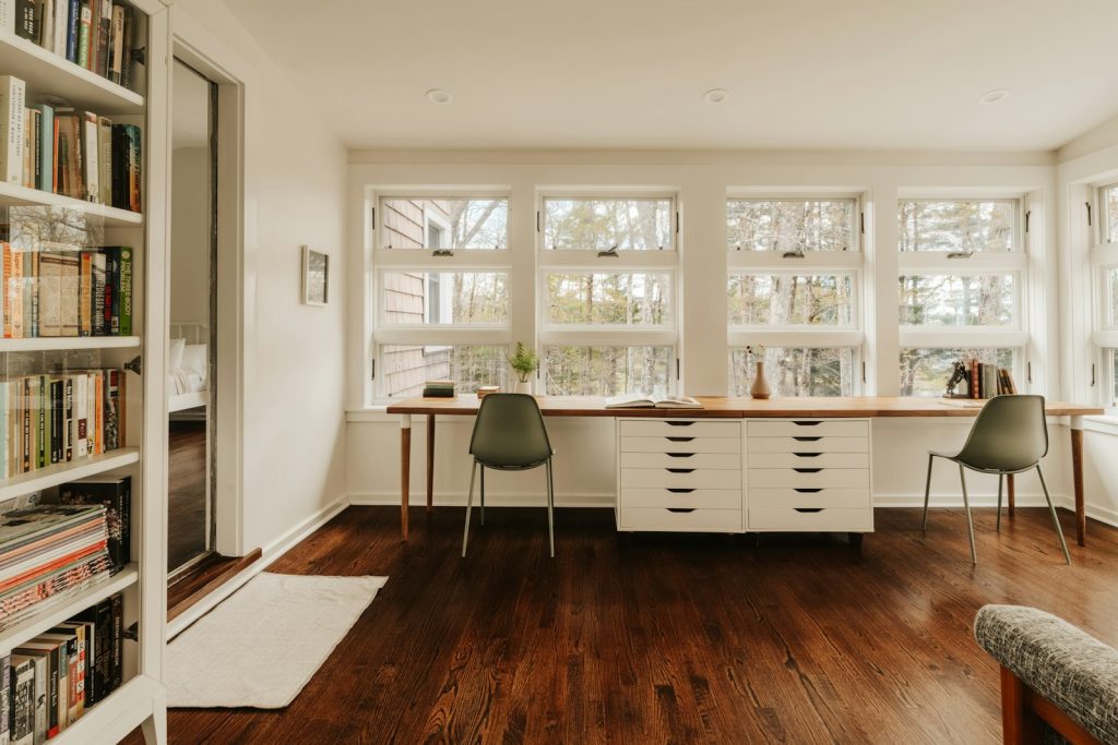 Empty home office workspace by a window