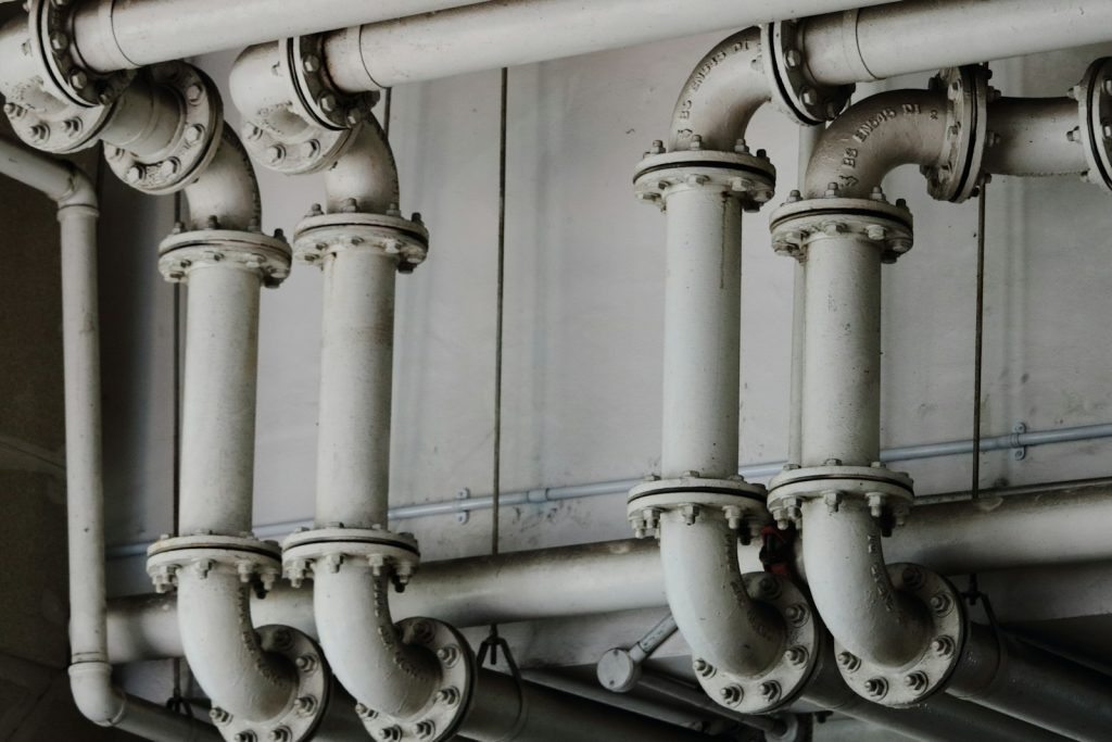 Close-up of industrial metal pipelines