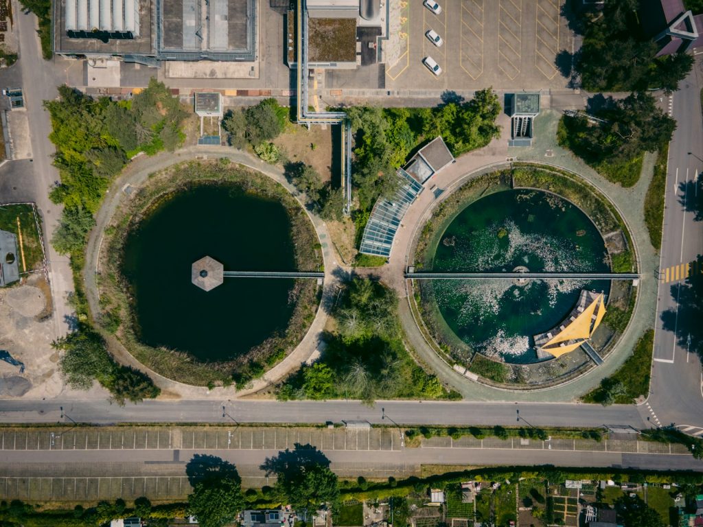 Aerial view of a water treatment plant with basins